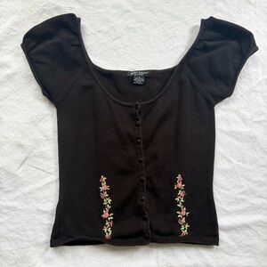 Vintage Betsey Johnson Black Cotton Cardigan Floral Embroidery Size S Cap Sleeve